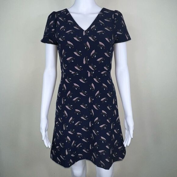 LOFT Feather Graphic Blue Fit and Flair Dress - Picture 1 of 15